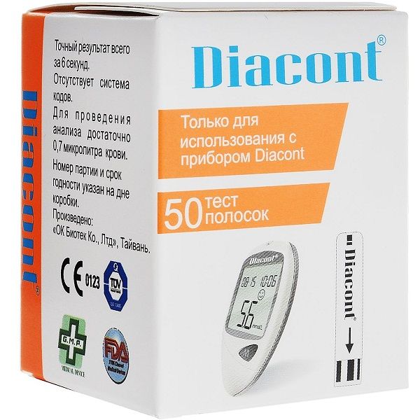 Тест-полоски к глюкометру Diacont для измерения уровня сахара в крови, 50 шт